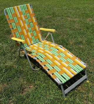 Vintage Aluminum Webbed Folding Beach Lawn Chair Chaise Lounge Yellow Green