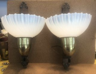 Pair Vintage Art Deco Wall Sconce Lights With Glass Shades