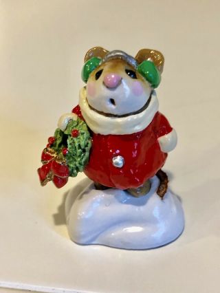 Wee Forest Folk Holly Mouse M - 087 Rare Bright Red Coat,  Green Earmuffs,  Wff Box