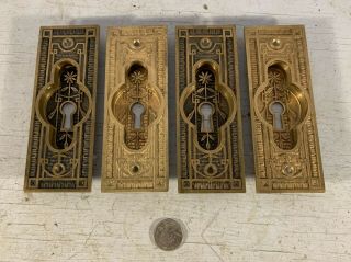 Set 4 Key Hole Antique Victorian Era Brass Pocket Door Pull Handles Flush