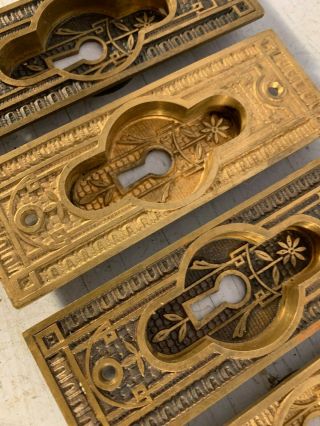 Set 4 key hole antique Victorian era brass pocket door pull handles flush 2