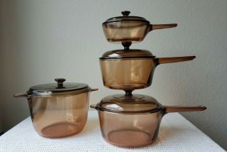 Vintage Visions Corning Ware 8 - Piece Amber Glass Cookware France & Usa 0.  5 - 3.  5l