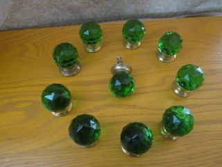10 Small Knobs,  Cut Glass,  Green 1.  25 " Dia With Brass Screw Ball Shape
