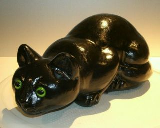 Vtg Large Halloween Black Chalkware Cat Green Eyes
