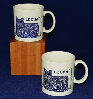 Vintage 1978 Taylor & Ng Set Of 2 Le Chat Mugs Cobalt Cat Mouse & Yarn Japan