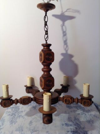 Vintage French Carved Wooden Farmhouse 5 Arm Chandelier Light (3756)
