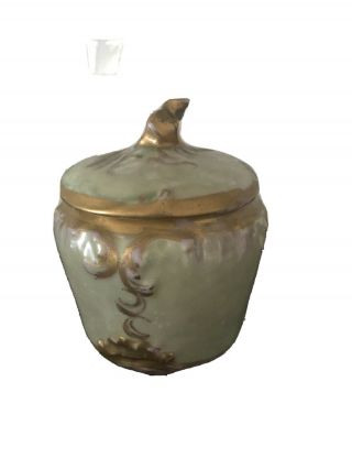Antique Limoges France Hand Painted Porcelain Powder Trinket Jar Green/gold