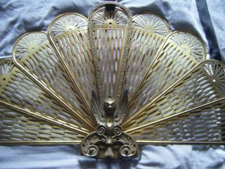 Vintage Brass Peacock Folding Fan Fire Fireplace Screen Guard Griffin Phoenix