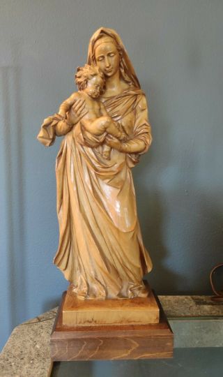 Vintage Hand Carved Wooden Madonna And Child 16 "