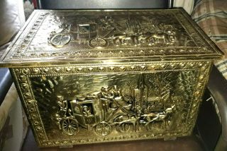 Vintage Brass Coal Box Wood Log Storage Chest Fire Side Store