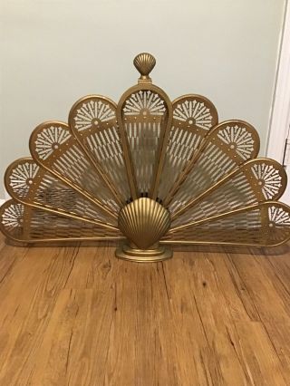 Vtg Art Deco Metal Brass Clam Shell Folding Peacock Fireplace Screen