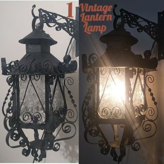 Vintage Glass & Black Metal Lantern Lamp / Wall Sconce Gothic Spanish Revival