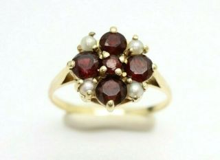 Vintage 9ct Yellow Gold Garnet & Seed Pearl Flower Head Cluster Ring,  Size P 1/2