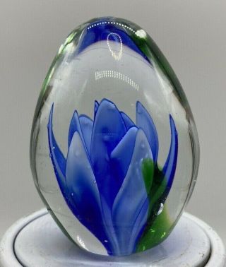 Dynasty Gallery Blue Flower Art Glass Paperweight W/ Sticker