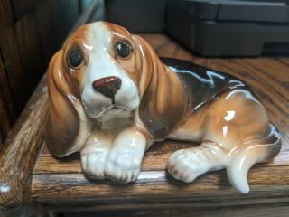 Vintage Porcelain Bassett Hound Dog Figurine Made In Japan 5.  5 " Wide