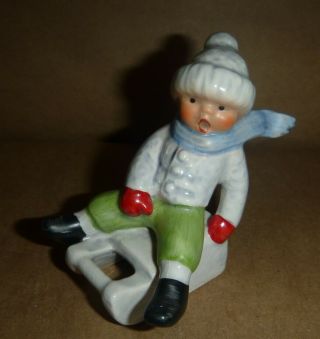 Goebel Boy Sledding Porcelain Figurine 13904 - 07 Boy On Sled With Blue Scarf Vgc