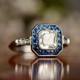 Vintage Engagement Wedding Ring 2.  1ct Asscher Diamond Sapphire 14k White Gold Fn