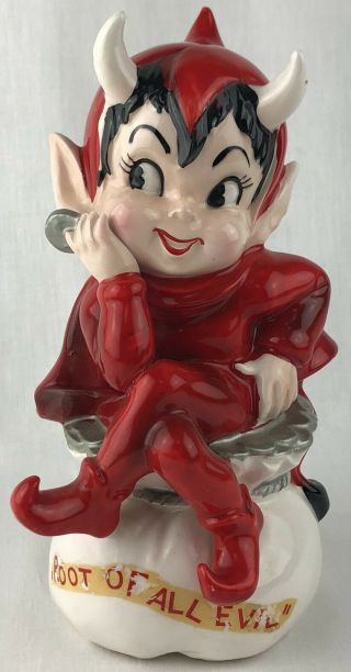 Vintage Lefton Root Of All Evil Red Devil Ceramic Porcelain Money Bank Pixie