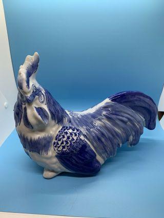Vintage Blue White Porcelain Rooster Chicken Figurine Hand Painted Large