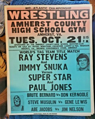 Vintage Nwa Wrestling Poster 1970s Amherst County Va Jimmy Snuka Ray Stevens