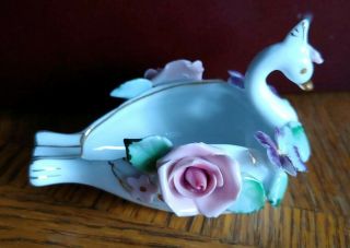 Vintage Porcelain Swan & Rose Flower Trinket Ring Dresser Vanity Dish