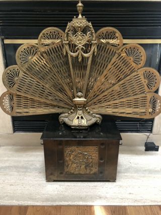Vintage Ornate Brass Peacock Fireplace Fan Screen Cameo Art Deco