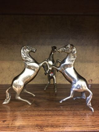 Vintage Brass 3 Rearing Horses Crystal Ir Healing Sphere Stand