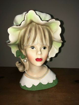 Vintage Relpo K1782 Ceramic Lady Head Vase 7 1/2 " Bonnet Pearl Necklace