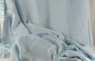 Vintage Acrylic Blanket Satin Nylon Trim 4 Sides Light Blue Soft 108 x 90 USA 2
