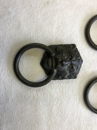 Vintage Drawer Pull Lion Head Embossed Antique Brass Color Metal W Ring Pull