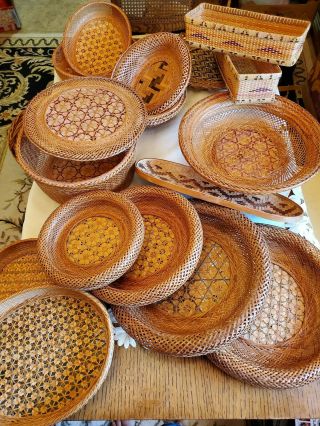 Vintage Bamboo Tightly Woven Baskets From The Philippines,  16 Total