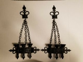 Vintage 1967 Sexton Medieval 3 Chained Candle Holder Wall Sconce Candelabra Pair