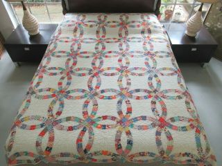 Vintage Hand Pieced & Quilted Feed Sack Novelty Prints Wedding Ring Quilt; Queen