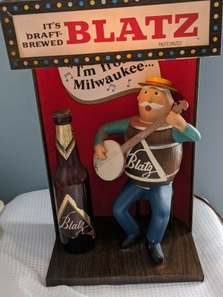 (vtg) 1950s Blatz Beer Keg Man Light Up Banjo Back Bar Figure Statue Sign