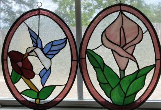 Vintage Hanging Stained Glass Window (2) Hummingbird & Cala Lilly Ea 8 1/4” X 11
