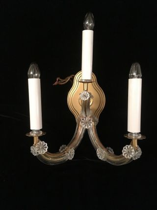 Vintage 3 Light Wall Sconce Candelabra Light Fixture Brass & Glass