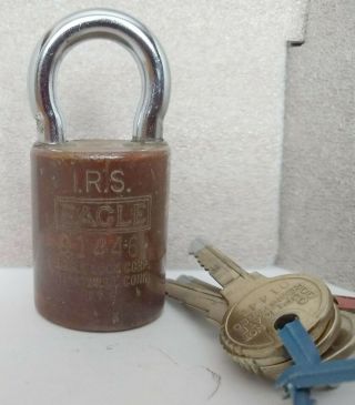Vintage Irs Eagle Supr - Security Brass Barrel Padlock 01446 - With 4 Keys