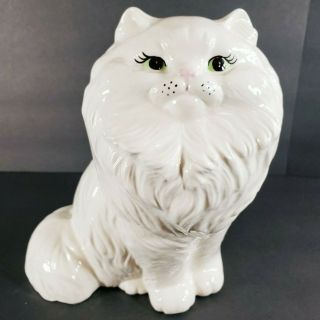 Vtg Ceramic White Persian 8 " Cat Kitty Figurine Green Eyes Long Hair Molded