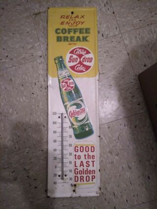 1963 Coffee Break Sun Drop Soda Embossed Metal Advertising Thermometer Vintage