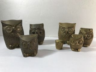 7 Vintage Solid Brass Owl Figurines Paper Weights.  Mid - Century.
