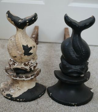Outstanding Antique Cast Iron Catfish / Dolphin Andirons Fire Dogs