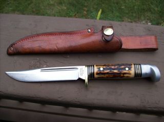 Vintage Western Knife U.  S.  A.  C.  1967 - 77 S - H48a W/staglon Handles,  Orig.  Sheath