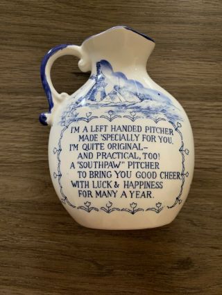 Vintage Left Handed Ceramic Pitcher With Dutch Scene Poem Kitchen Blue And White