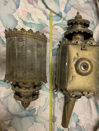 Pair Antique Gothic Beveled Glass Coach/ Hearse/ Carriage Lantern Lamp C1900
