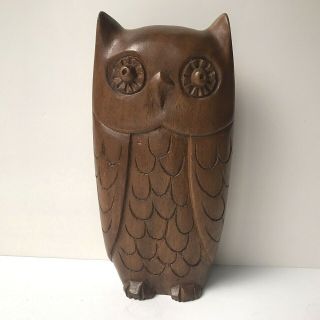 Retro Vintage Hand Carved Solid Wooden Owl Sculpture Figurine Bird Statue 10 "