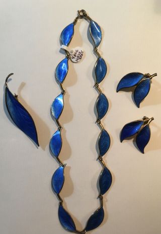 Vintage David Andersen Sterling Enamel Blue Leaf Necklace Earrings & Pin Set.