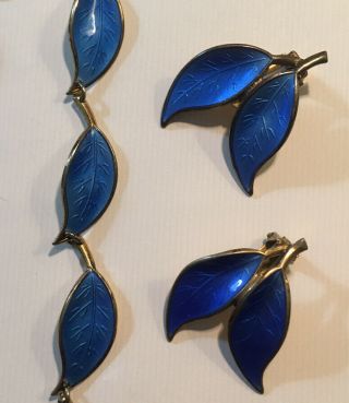 Vintage David Andersen Sterling Enamel Blue Leaf Necklace Earrings & Pin Set. 3