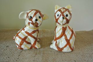 Vtg Anthropomorphic Dog & Cat Salt Pepper Shakers Bows Stitched Stripes Brown