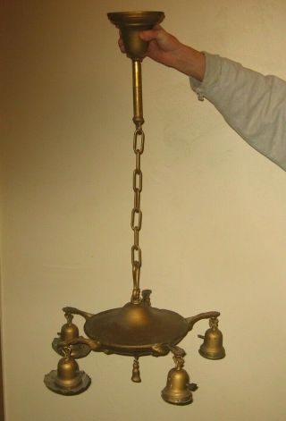 Antique Art Deco Brass Pan 5 Light Hanging Chandelier Ceiling Fixture Stock 5