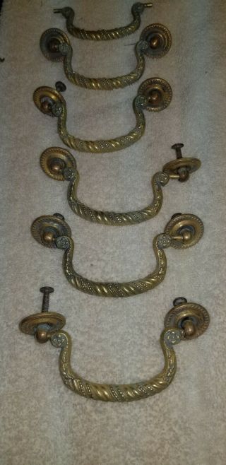 Vintage Set Of 6 Brass Antique Ornate Drawer Pulls